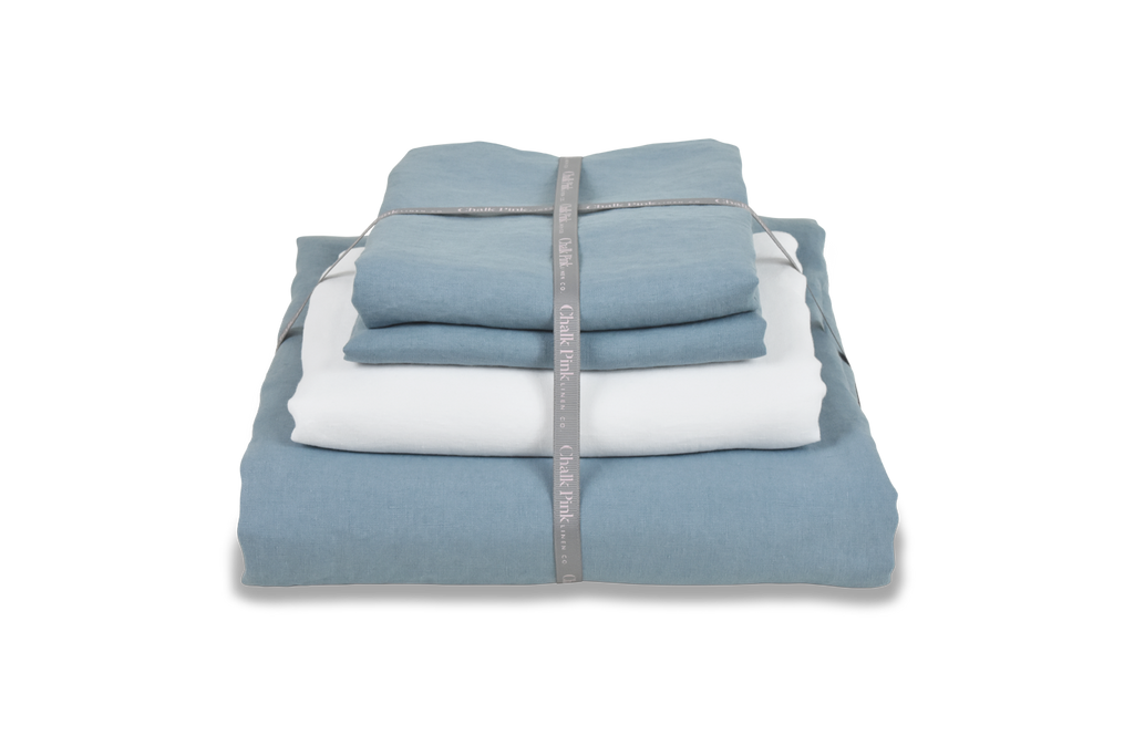 Light Blue Linen Bedding Bundle with White  Linen Sheet