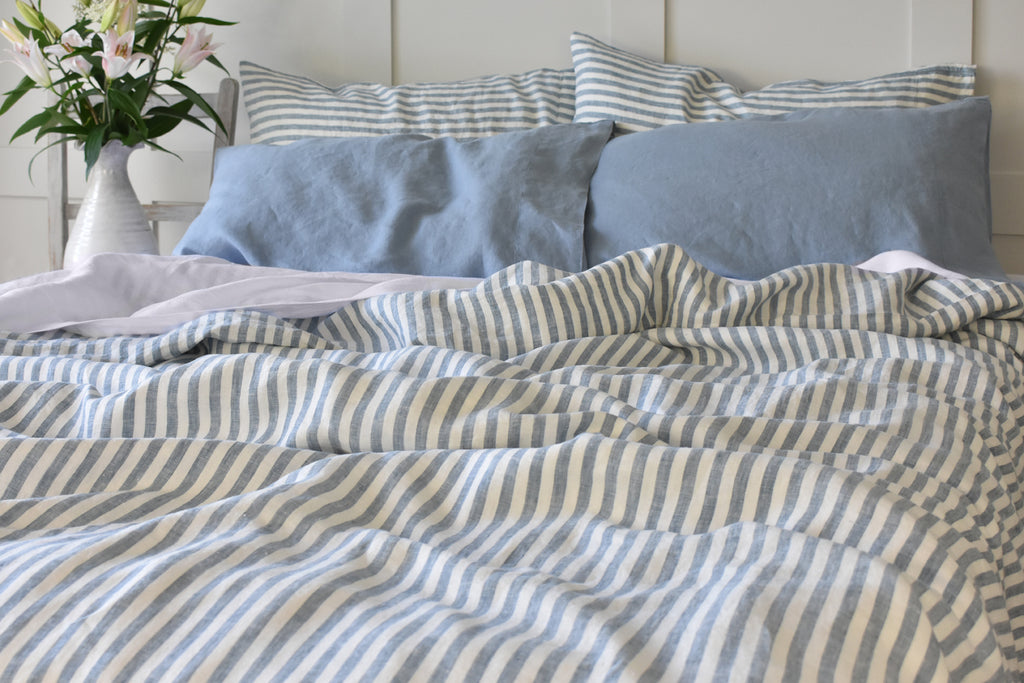 Blue Stripe Bed Linen with Blue Pillowcases