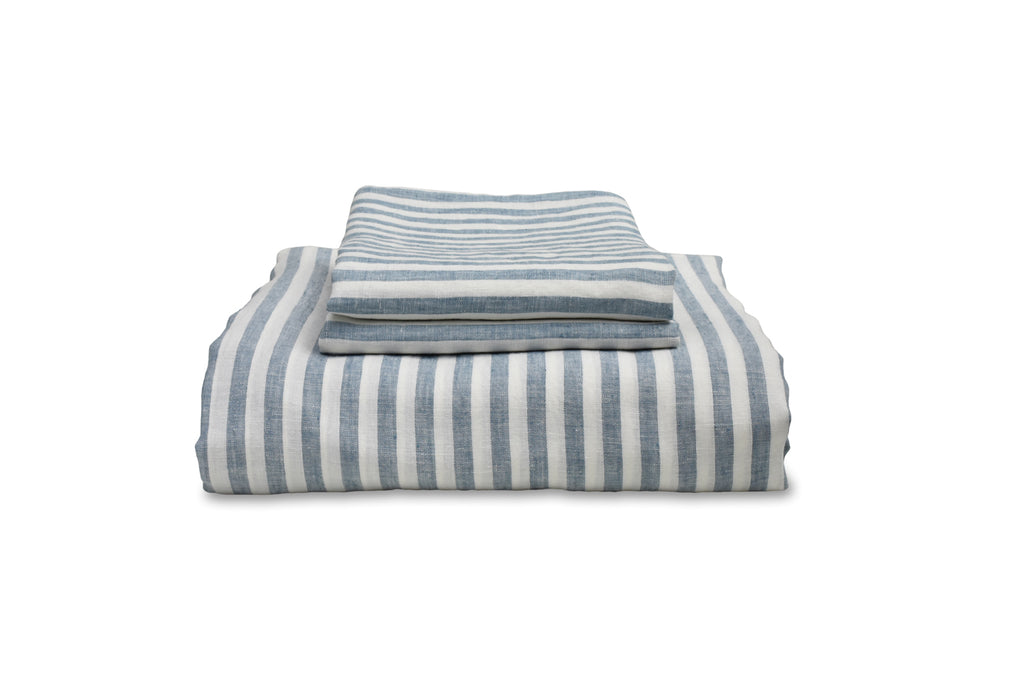Blue Stripe Bedding Folded with Pillowcases