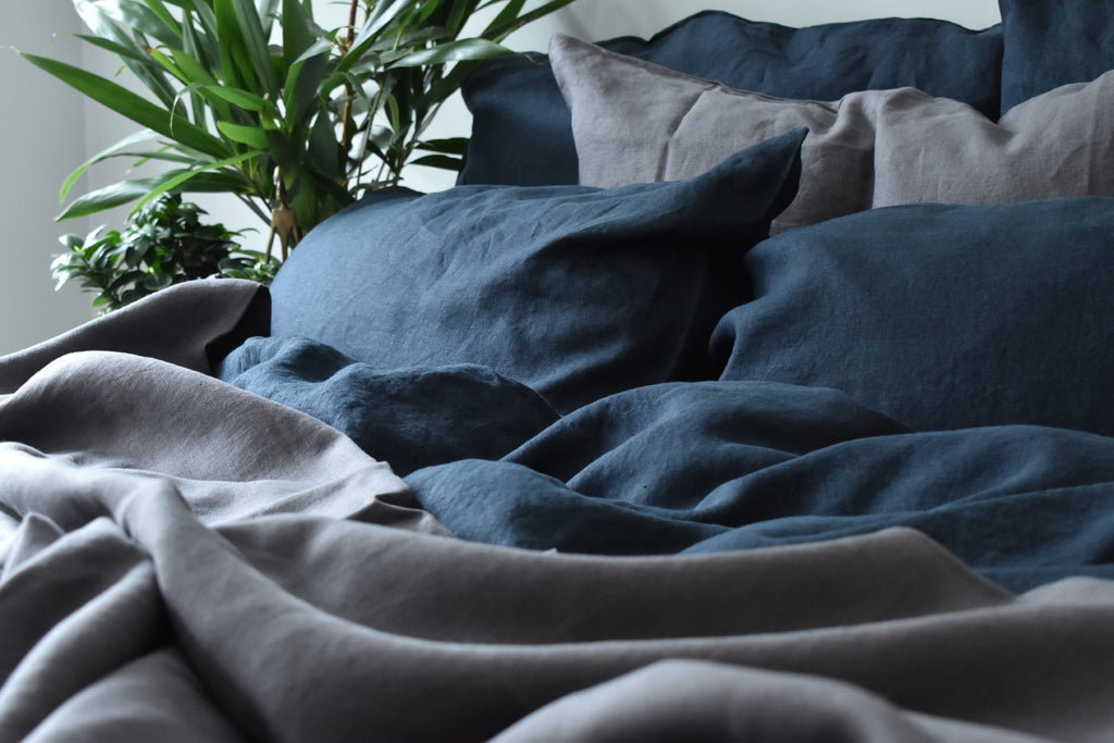 Dark Blue Linen Bedding with Charcoal Grey Pillows