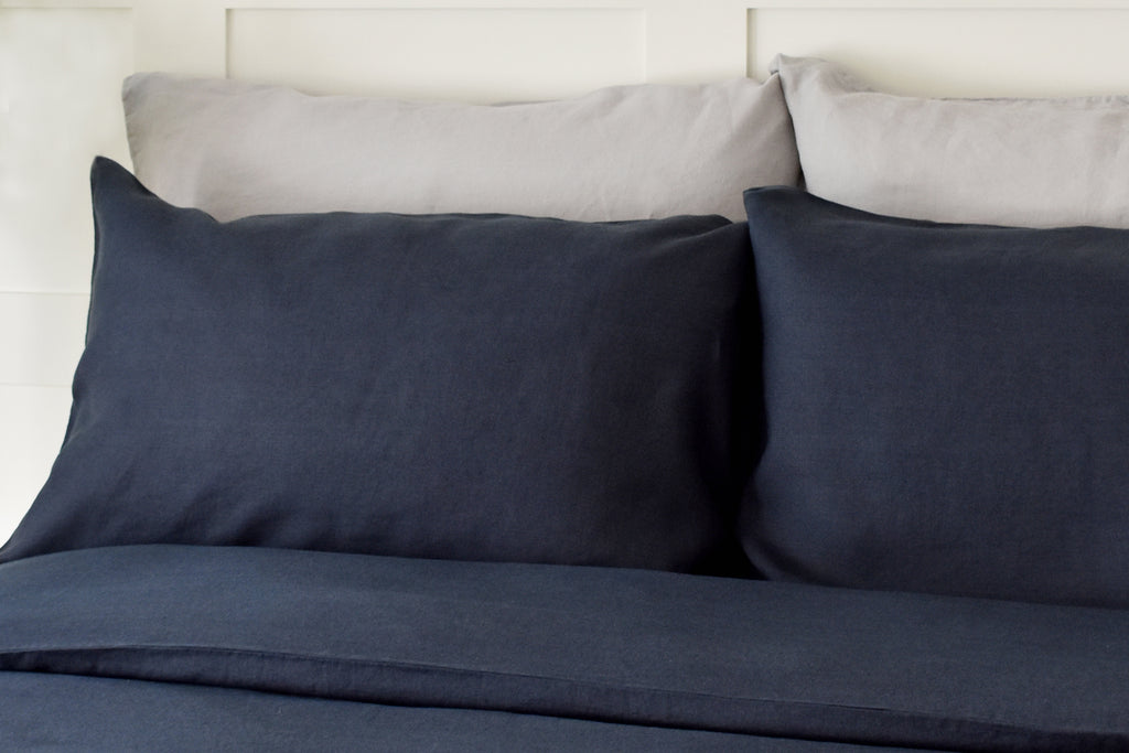 Dark Navy Blue Linen Pillow with Light Grey Linen Pillowcases