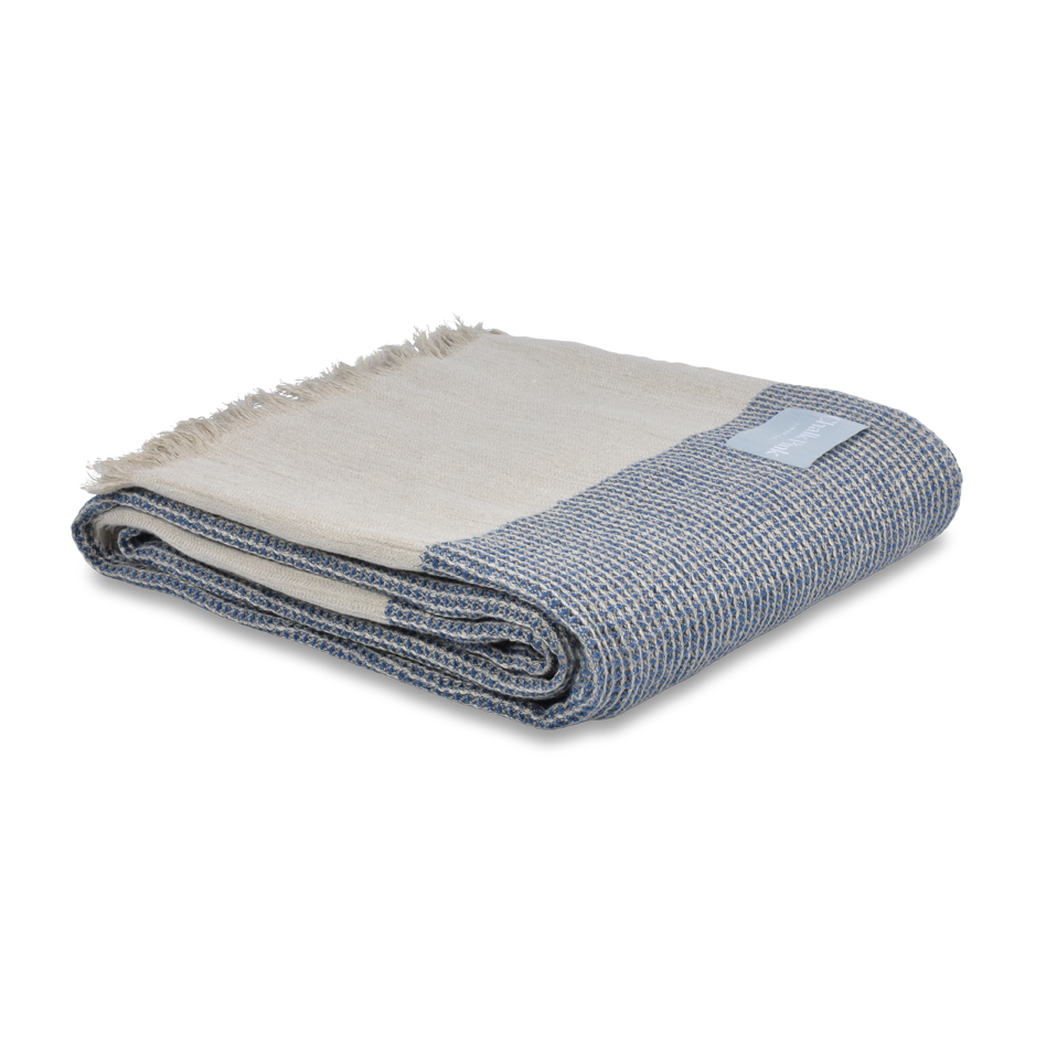Navy Blue and Natural Linen Throw Folded