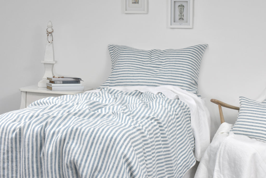 Untidy Blue Ticking Stripe Pure French Linen Bedding 