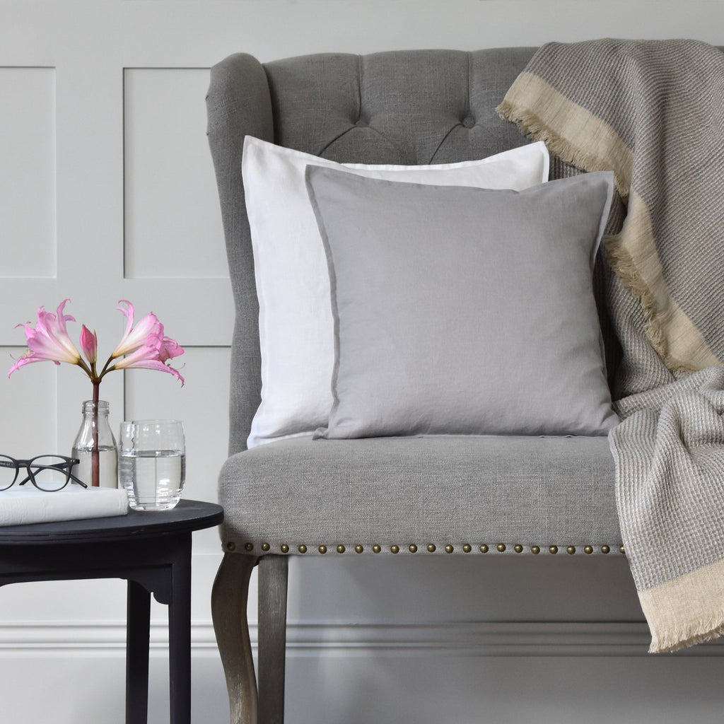 Dove Grey Linen Cushion On A Grey Sofa