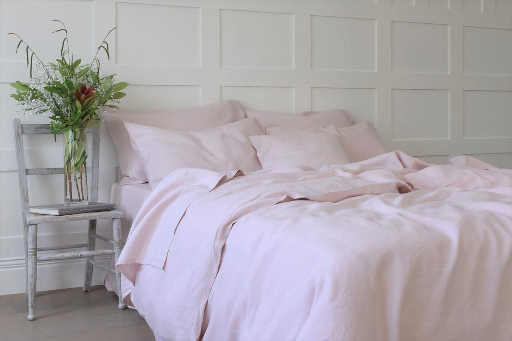 Pink Linen Double Duvet Cover UK and White Chair