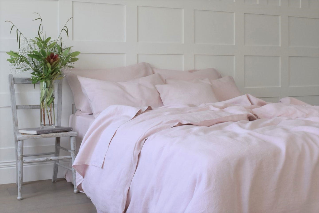 A French Pink Linen Bedding Set on a Bed in the UK