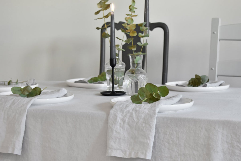 Light Grey Linen Tablecloth with Linen Napkins and Plates
