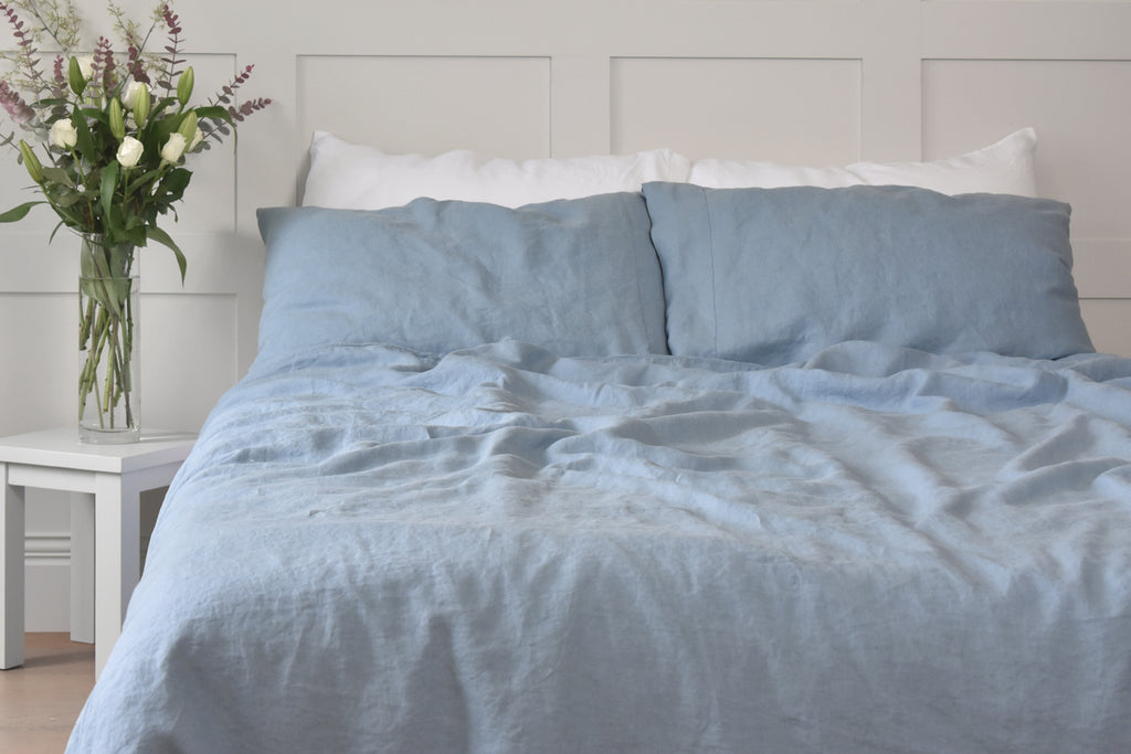 French Blue Linen Duvet Set with White Linen Pillowcases