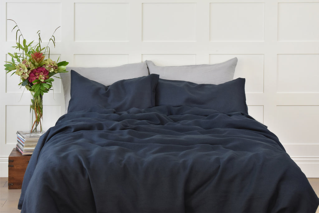Navy Blue Linen Duvet Set on a King Size Bed