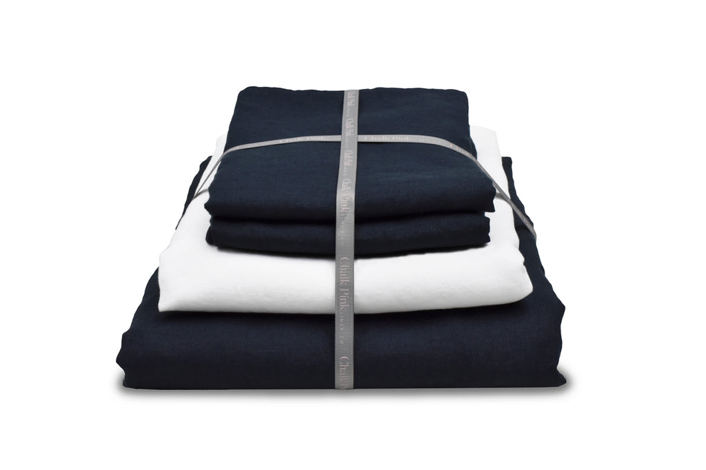Dark Blue Linen Duvet set with white sheet