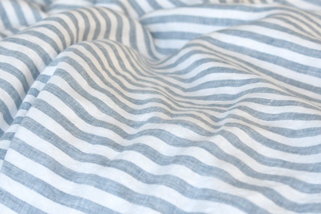 Pure Linen Flat Sheet in Blue Stripe