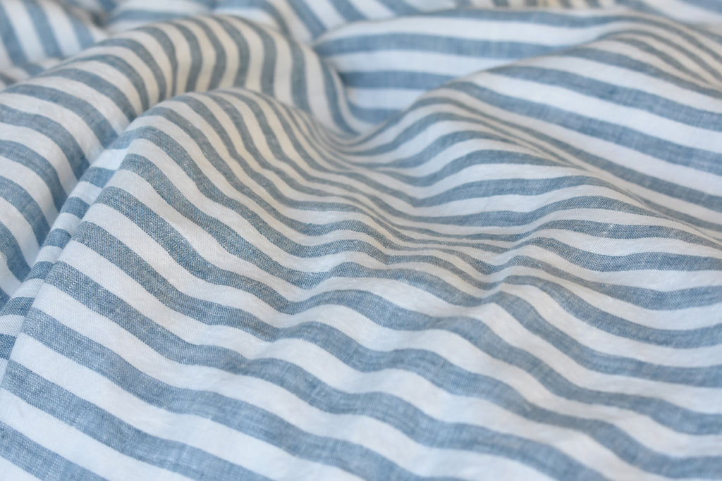 Blue Striped Ticking Linen Fabric Swatch