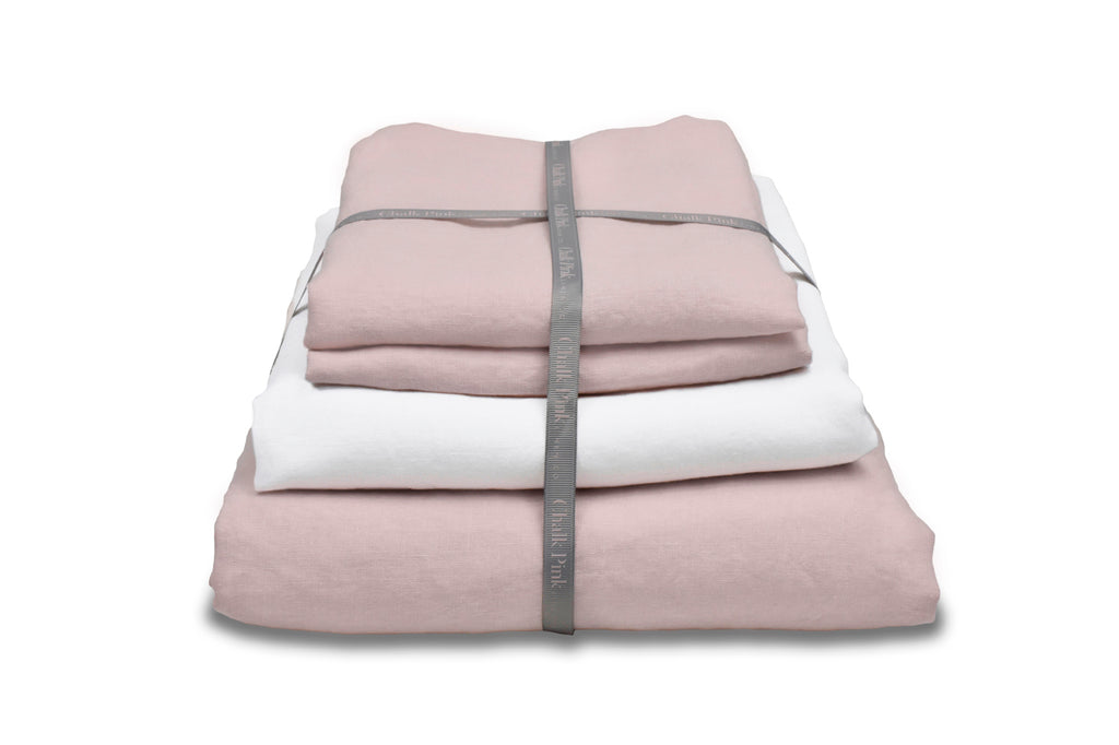 Blush Pink Linen Duvet Cover With a White Linen Sheet