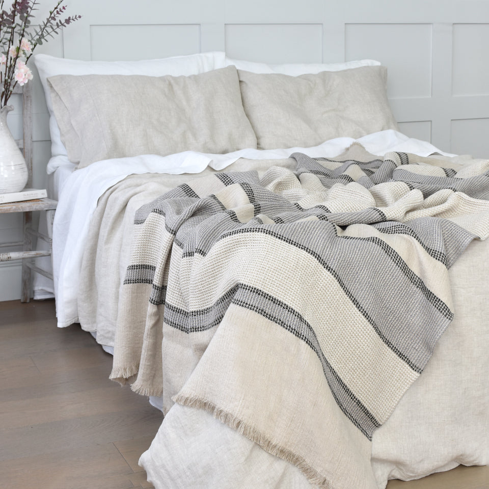 Grey Striped Linen Throw on a Bed with Natural Linen Duvet Cover and White Linen Sheets