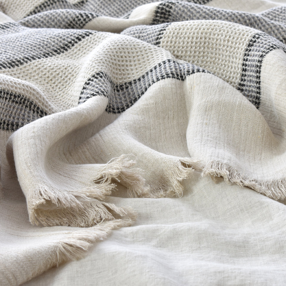 Grey and Natural Striped Linen Throw on a Bed