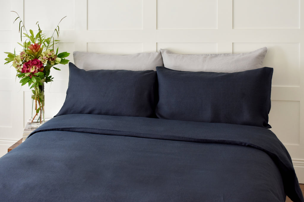 Navy Blue Linen Bedding with Dove Grey Pillowcase