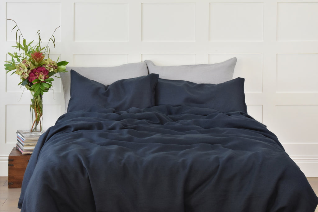 Deep Blue Linen Duvet Cover set on a King bed