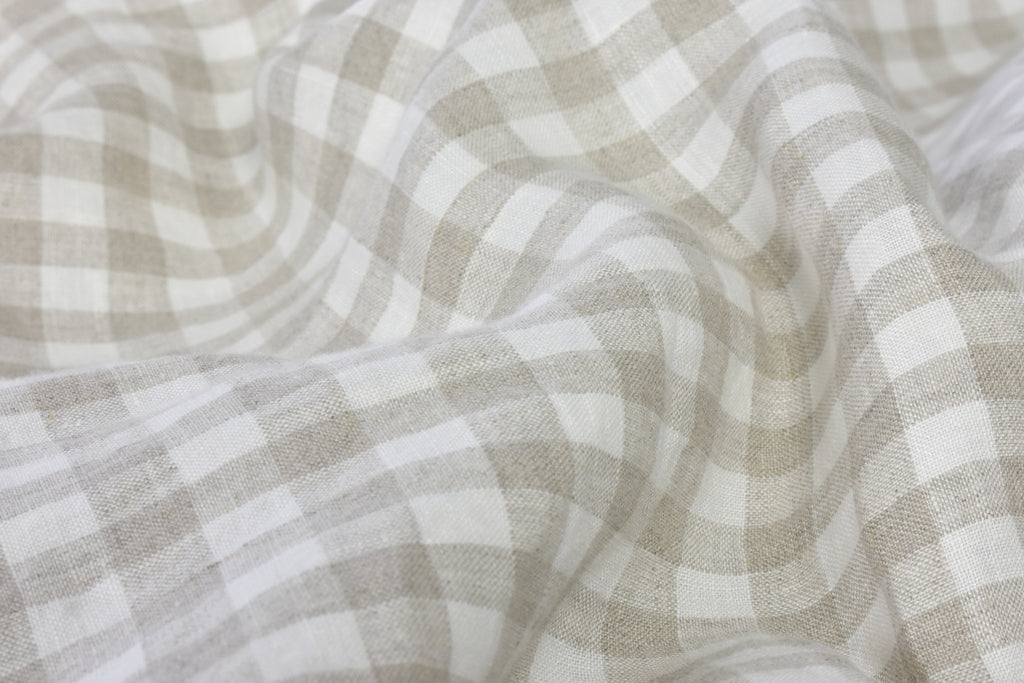 A Beige Gingham Linen Duvet Cover Close up of Fabric