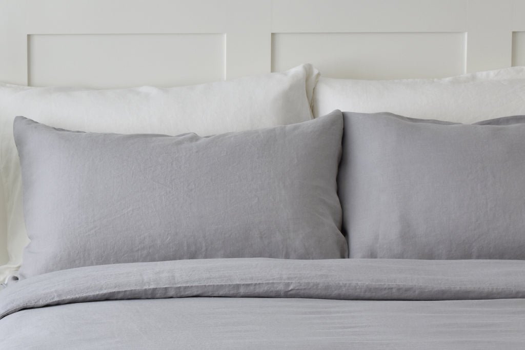 Light Tumbled Dove Grey Linen Pillow with White Linen Pillowcases