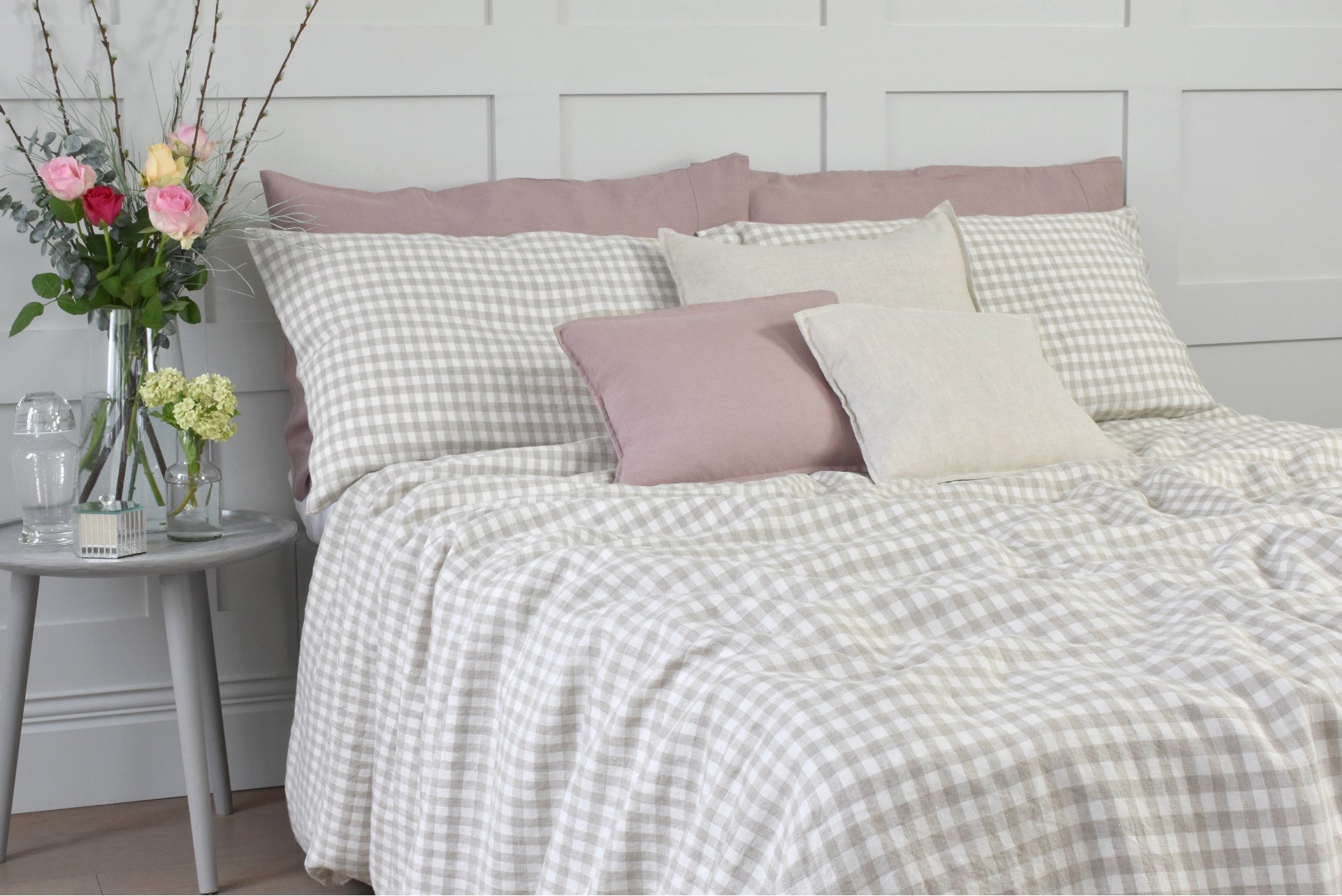 Award Winning Natural Gingham Linen Bedding Bundle | Chalk Pink Linen ...