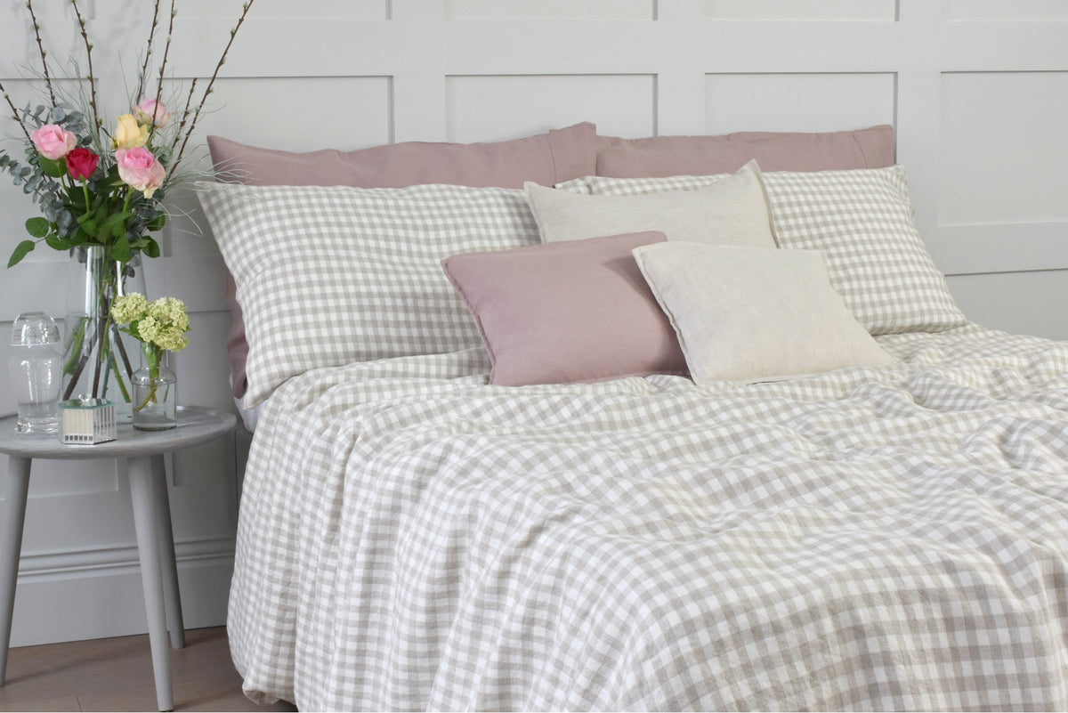 Natural Gingham Check Linen Bedding | Super Soft Luxury Bed Sets ...