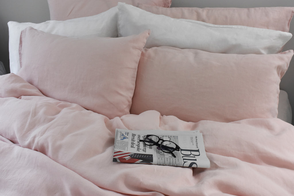 White Linen Pillows on a Pink Natural Linen King Duvet Cover Set