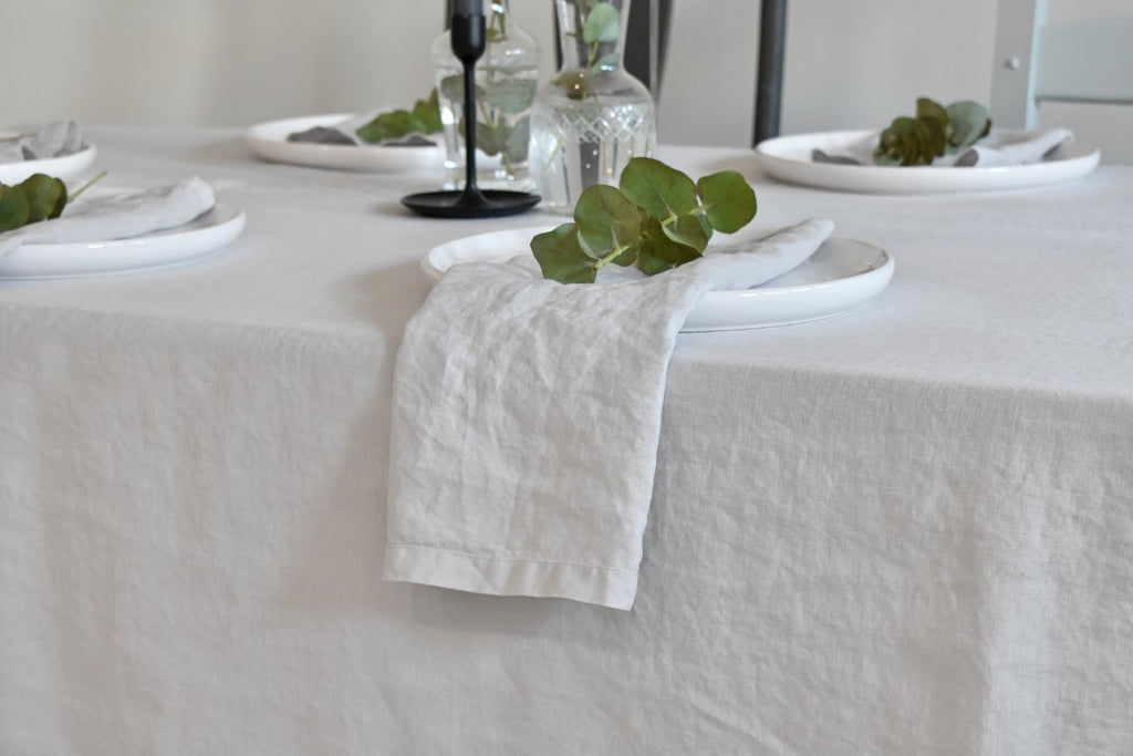 Pure Linen Flax Napkin on a Light Grey Linen Tablecloth