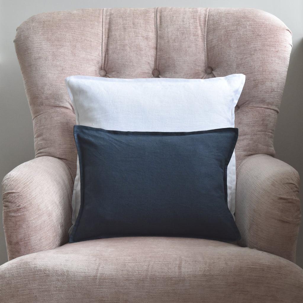 Small Linen Navy Cushion On a Chair