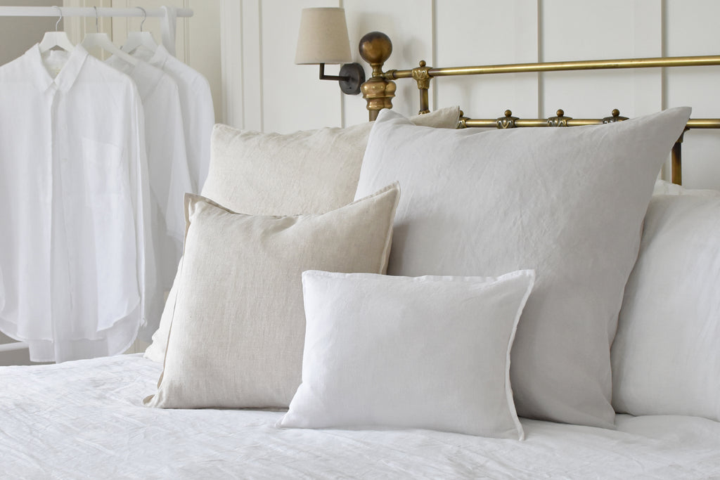 Light Grey Square Linen Pillowcase with White Linen Bed Covers