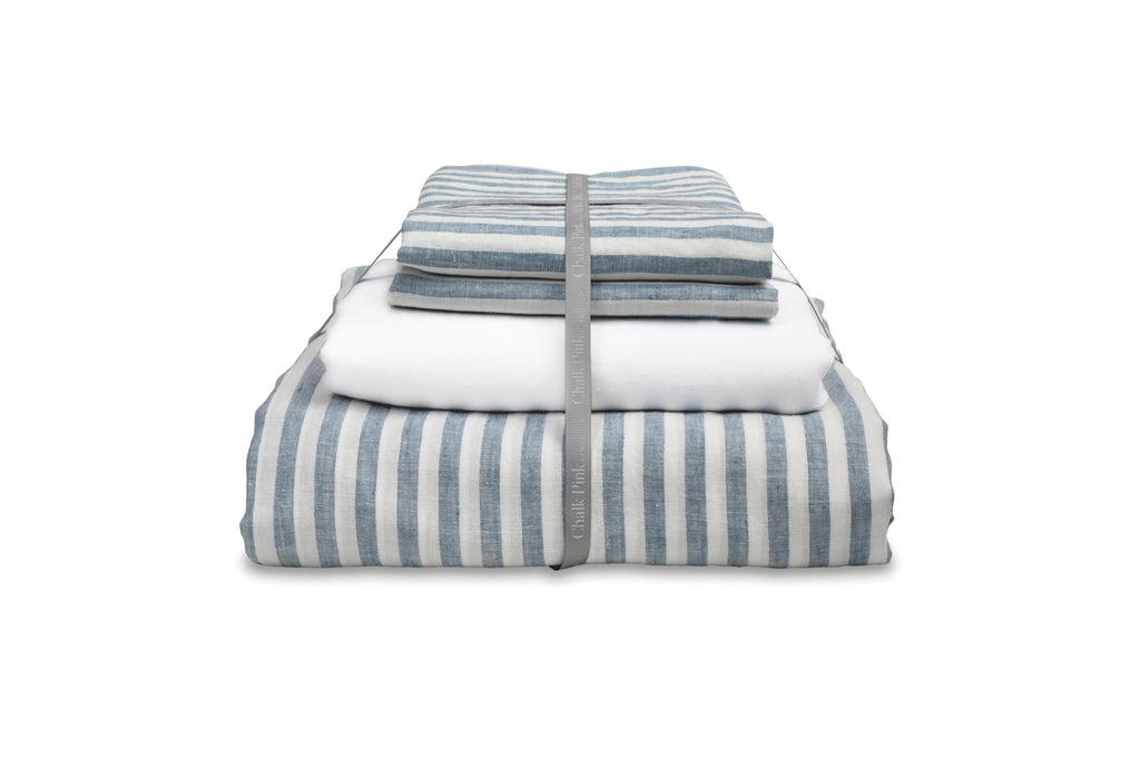 Blue Ticking stripe Linen Duvet Cover with White Linen Sheet