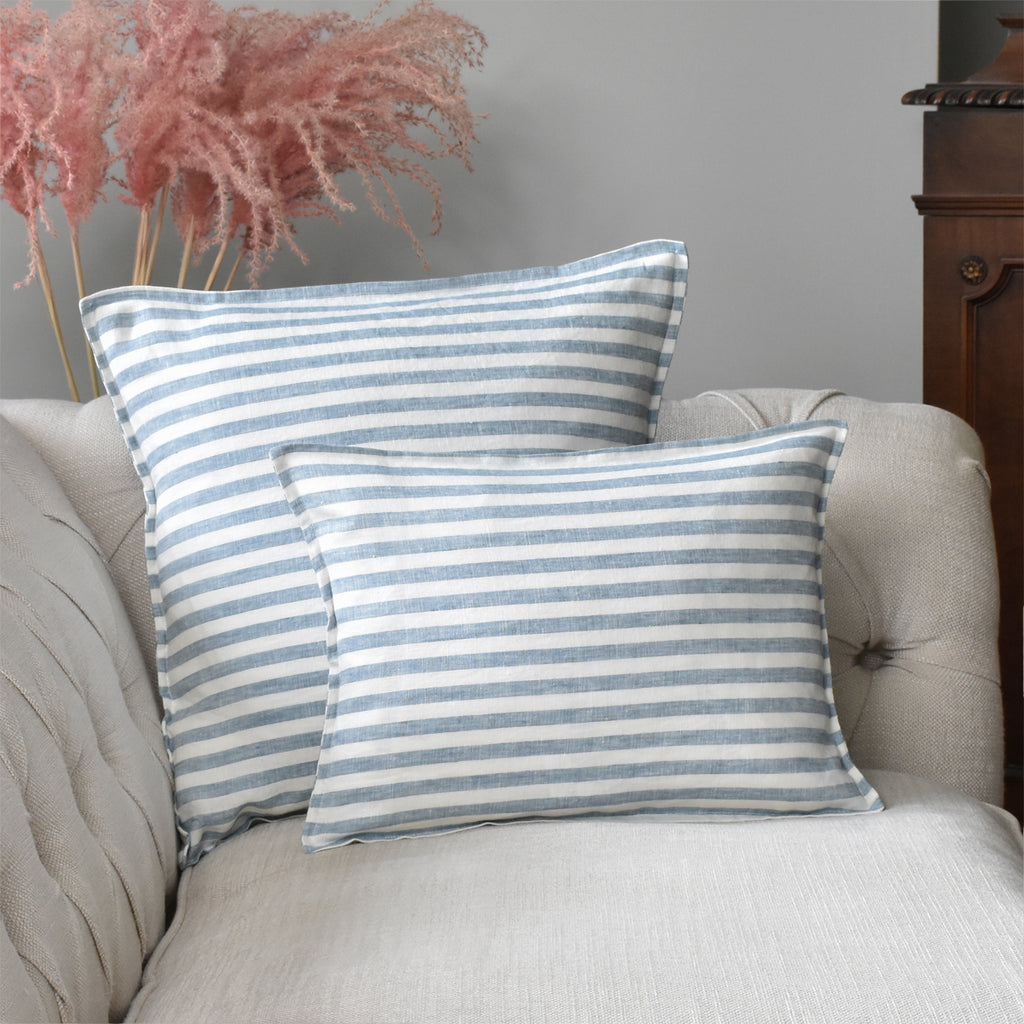Small Blue and White Striped Linen Cushion Cover On A Sofa