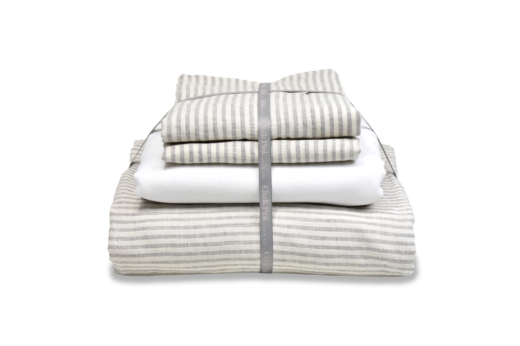 Ticking Linen Duvet Cover that is Folded with Ribbon